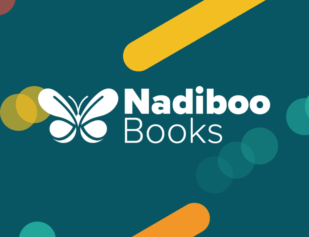 Nadiboo-Books-Logo-plus-background-min Nadibo logo on dark background with shapes