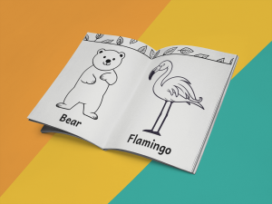Nadiboo Books Explore & Learn Toddler Colouring Book Ages 1-3 - Book open to image of a bear and a flamingo.